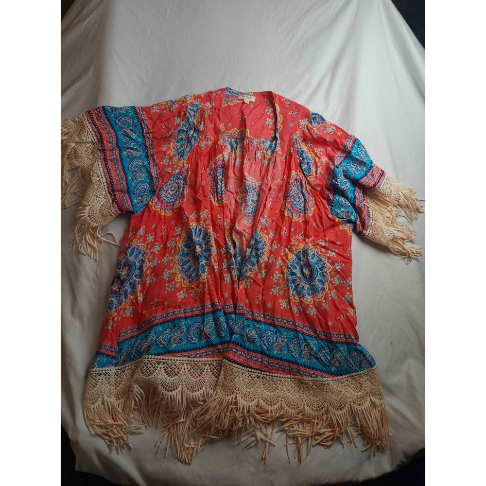 Umgee Open Front Kimono Womens S/M Red Blue Woven‎ Bohemian Print Fringe Trim